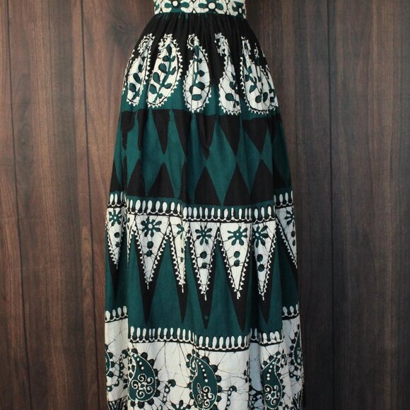 Vintage 1960s 1970s Skirt, Black Teal and White Maxiskirt, Batik Print, - Picture 5 of 10
